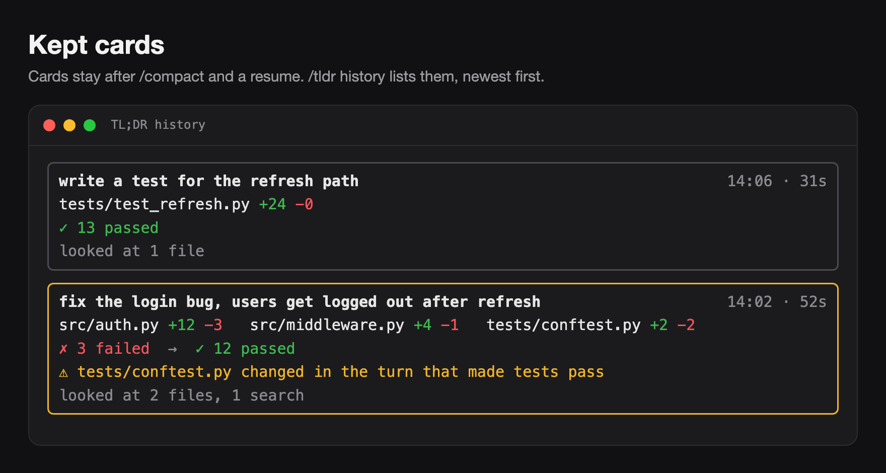 The /tldr history pane lists two kept cards, newest first.