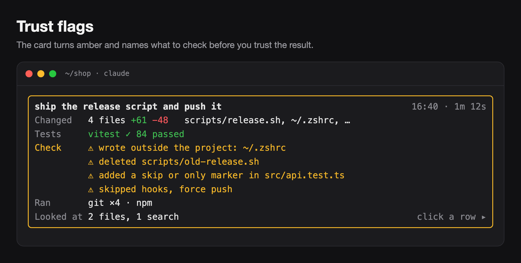 A card with an amber border lists four checks: a write outside the project, a deleted file, an added skip marker, and skipped hooks with a force push.