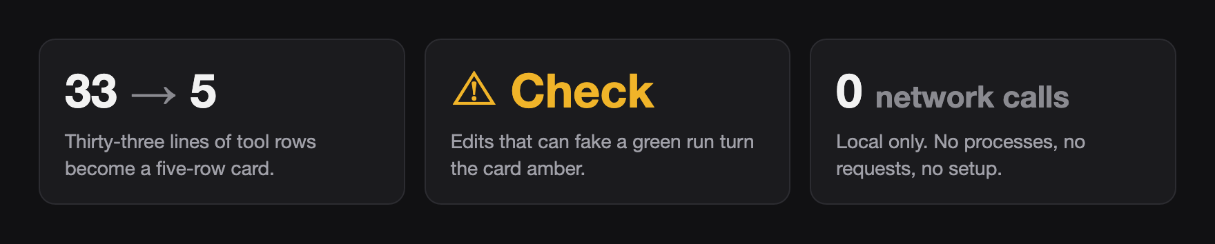 33 lines become 5 rows. A Check row flags edits that can fake a green run. No network calls.