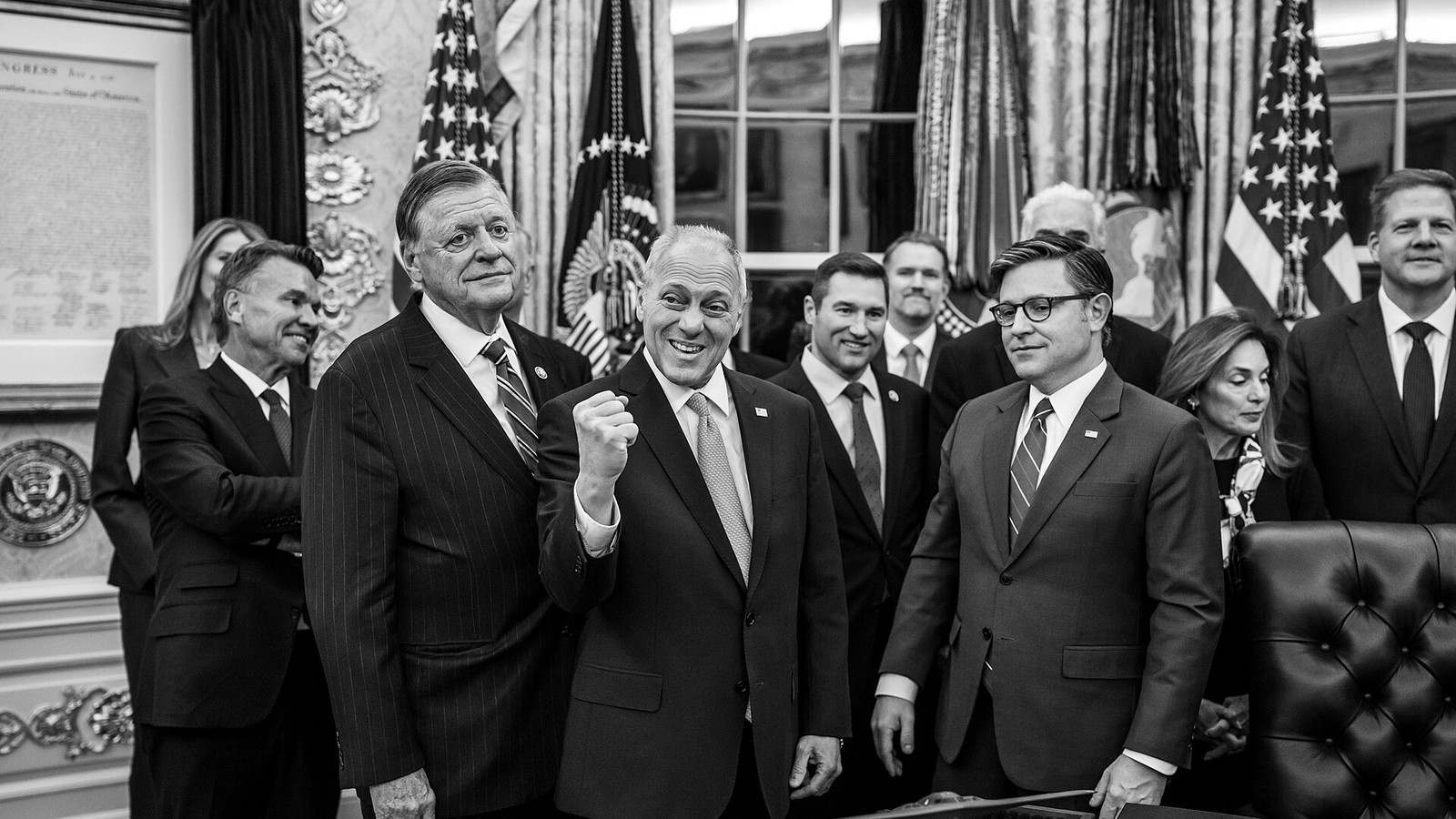 Illustrative photograph titled: Speaker of the House Mike Johnson, Crypto Czar David Sacks, and financial executives await the arrival of President Donald Trump in the Oval Office (54921175551)