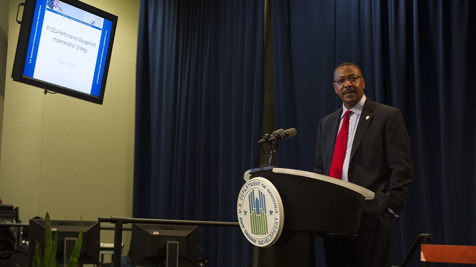 Illustrative photograph titled: Office of Community Planning and Development (CPD) All Hands Meeting, (with Secretary Shaun Donovan joining Acting Assistant Secretary for CPD, Mark Johnston, CPD General Deputy Sec - DPLA