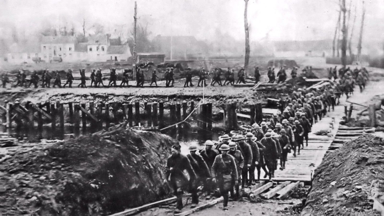 Illustrative photograph titled: 316th Engineers in Belgium - Company A. 316th Engineers, on the March