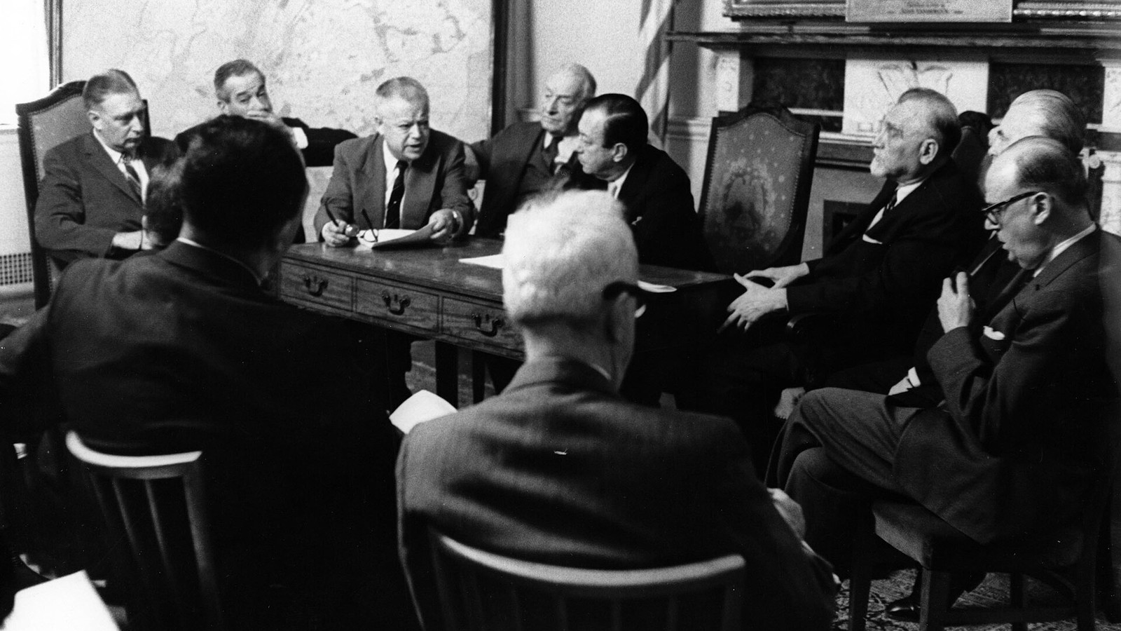 Illustrative photograph titled: A committee, including David Dubinsky, Robert Wagner, and Jacob Potofsky, meet at City Hall to settle the New York Teacher's dispute. (5279694140)