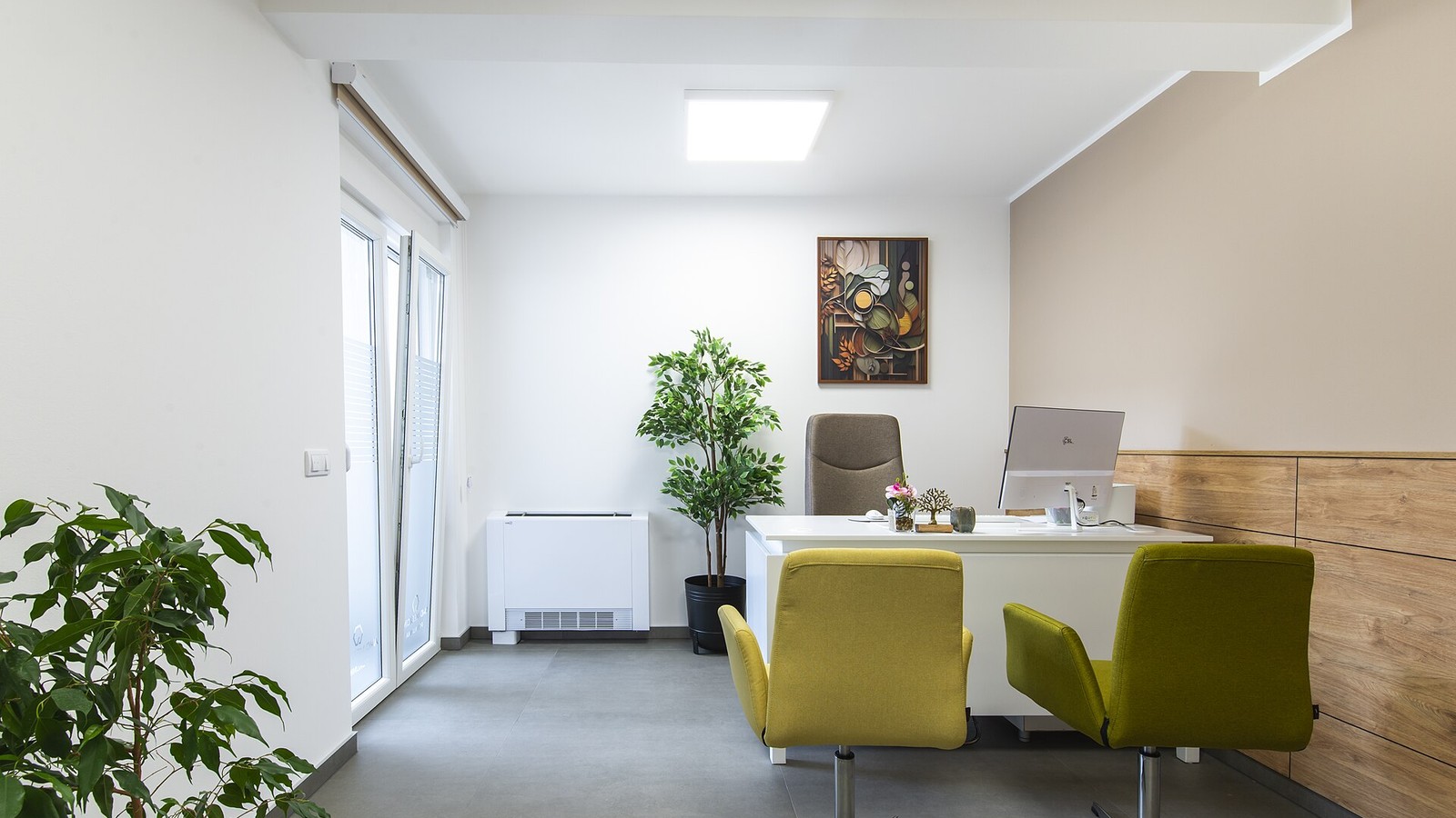 Illustrative photograph titled: Modern office space featuring a desk, chairs, and plants