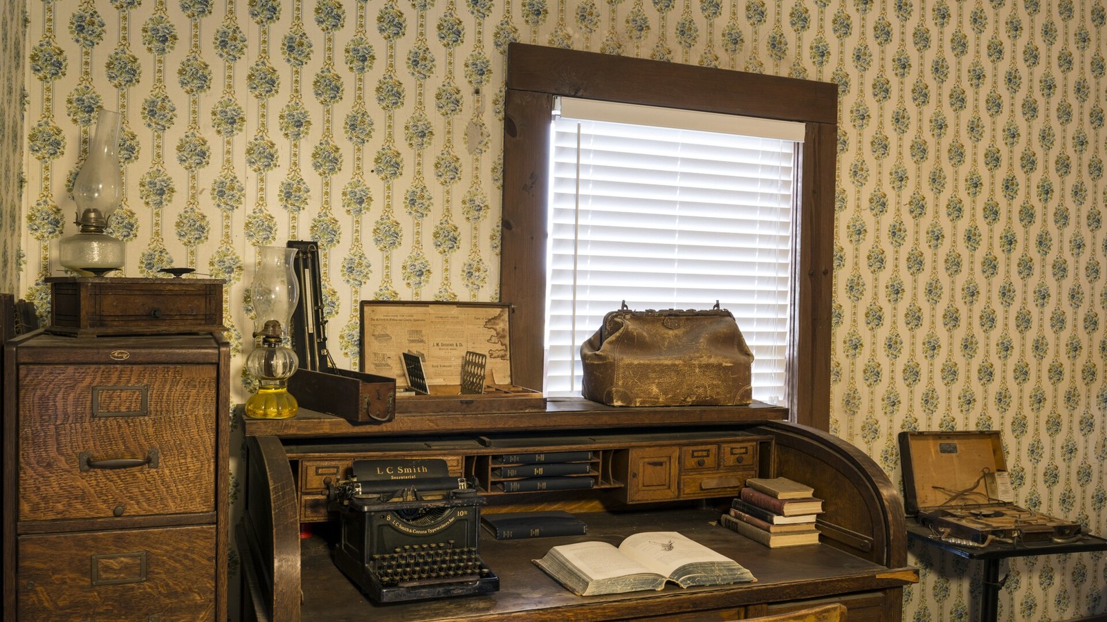 Illustrative photograph titled: Physician's desk in the back room of the combination drug store-medical office the Spindletop-Gladys City Boomtown park, Beaumont, Texas LCCN2014630888