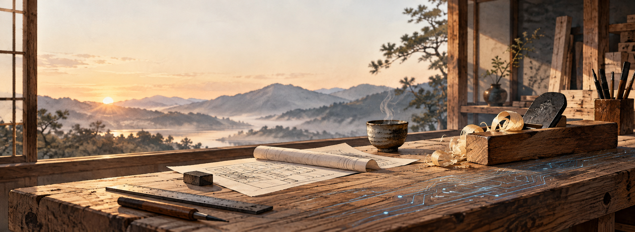 A Japanese workshop table with engineering plans and subtle circuit traces, representing software craftsmanship