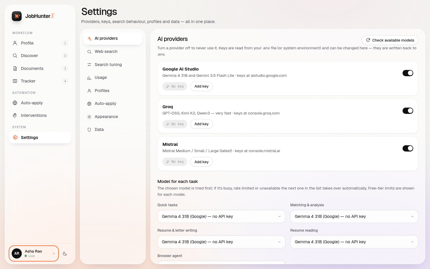 Settings — AI providers