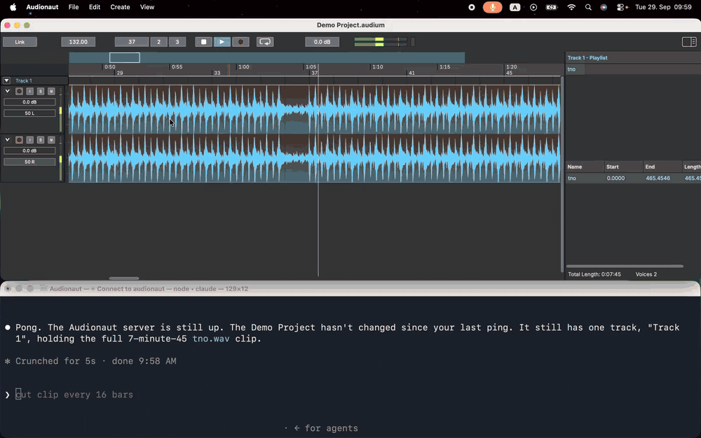 Audionaut demo: Claude cuts a song every 16 bars, splits the clips across two tracks and closes the gaps, then sets crossfades and a fade-out, while the user runs Auto Edit and stem separation in the app