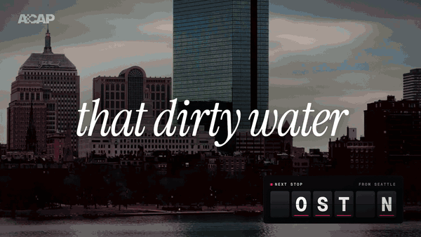 A split-flap board spells BOSTON, then the payoff card lands on the beat