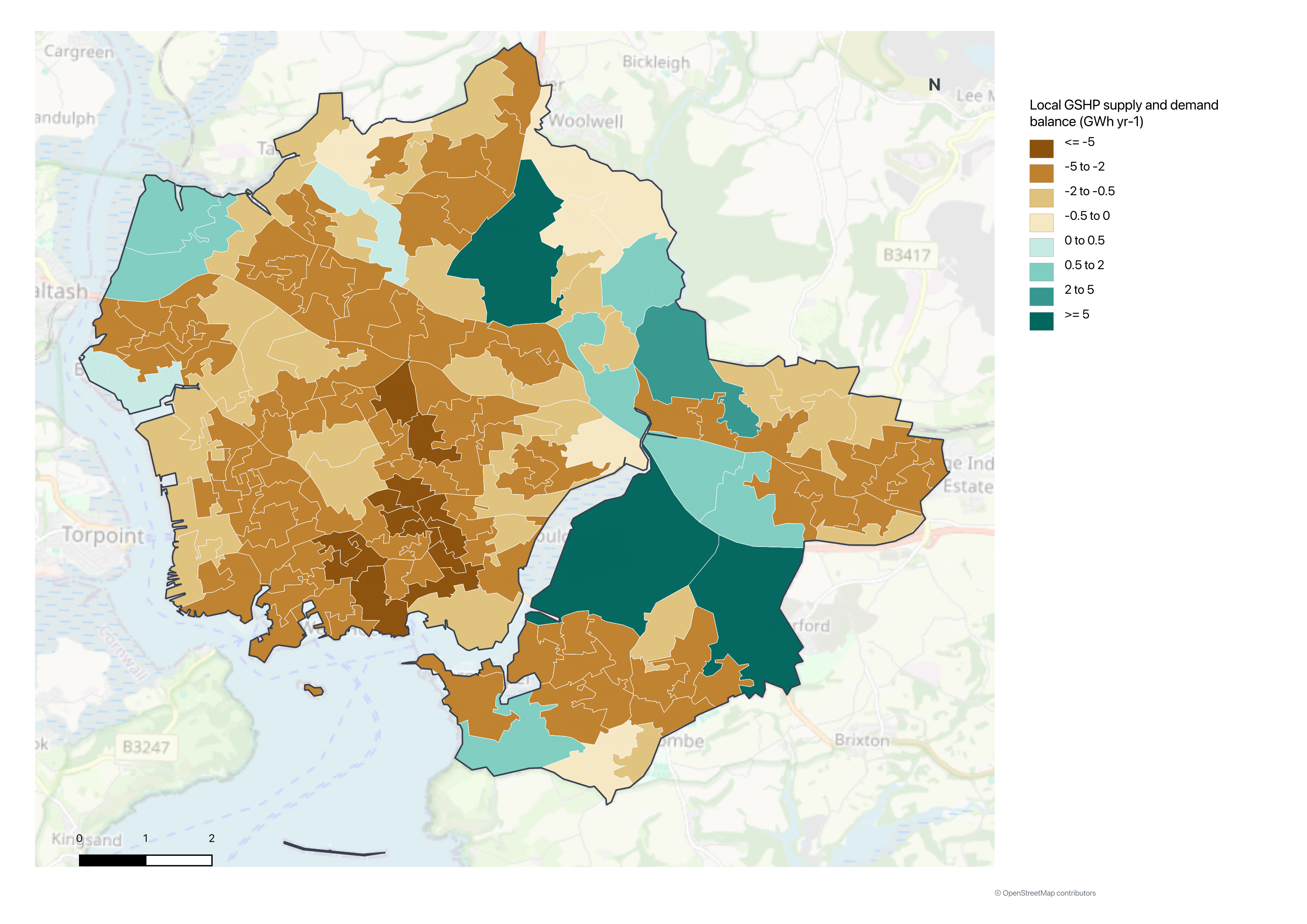 Map of local geothermal supply and residential energy demand balance across Plymouth