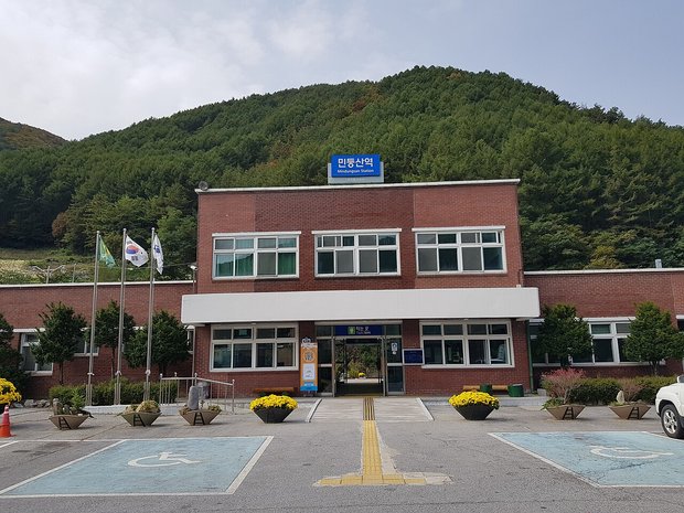 가을 국화가 놓인 민둥산역 역사