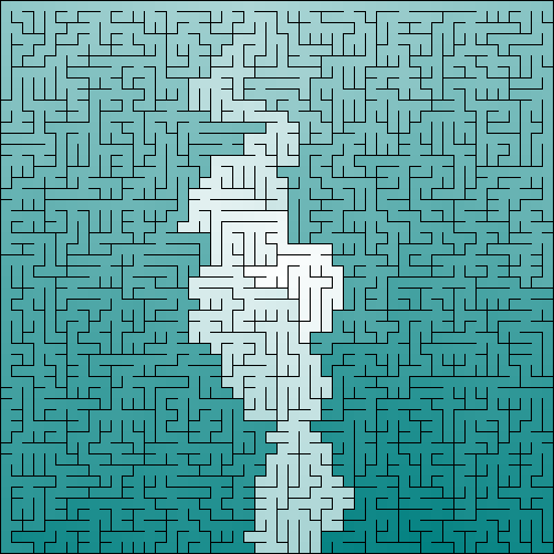 maze generated with binary tree algorithm and colorized according to dijkstra distance