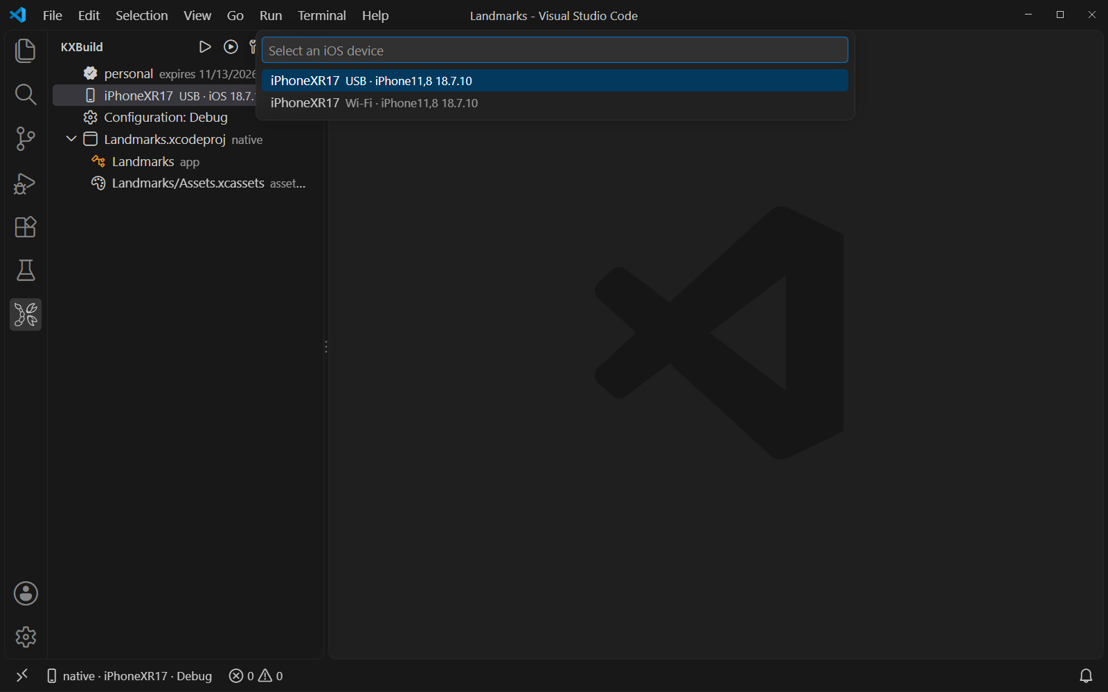 The KXBuild view and the device picker