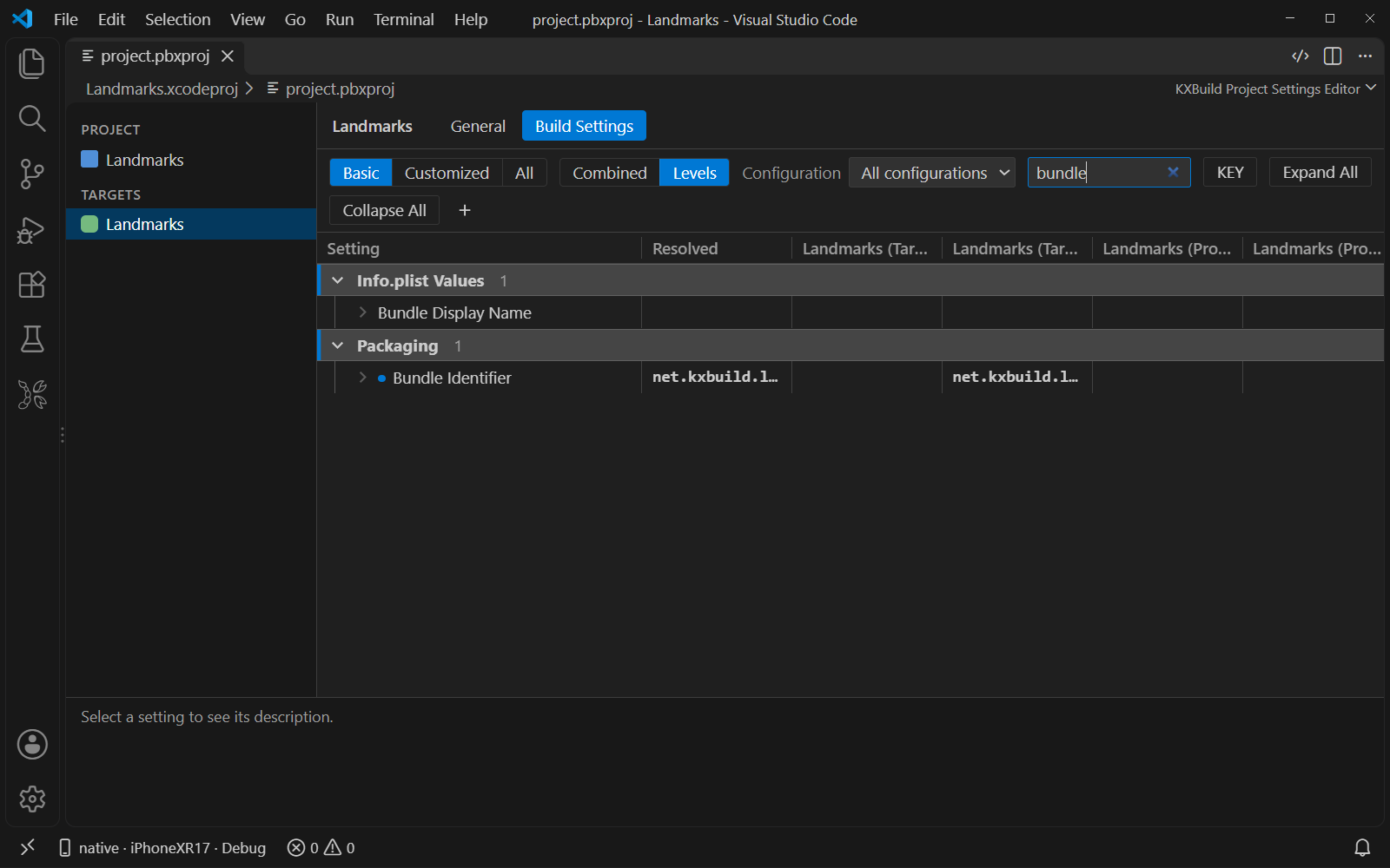 Project settings editor
