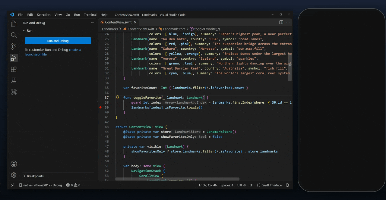 Press F5: the app starts on the iPhone, a tap stops it at a breakpoint in VS Code