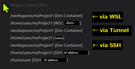 Standard VS Code Open Recent menu, where multiple entries labeled "[Dev Container]" provide no clue as to which underlying route they were reached via