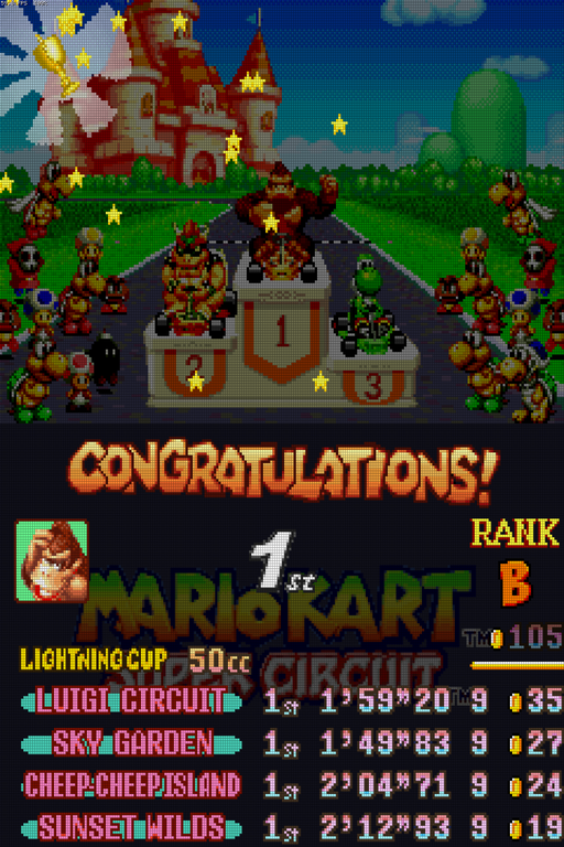 The cup podium: the karts and trophy on the top screen; CONGRATULATIONS!, the portrait, place and cup table on the bottom screen