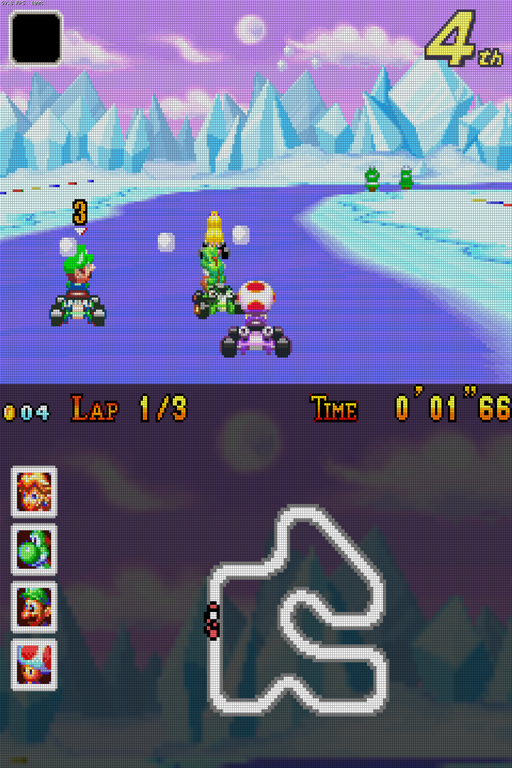 Racing: the track on the top screen with the item box and place in its corners; the HUD and a large course map on the bottom screen