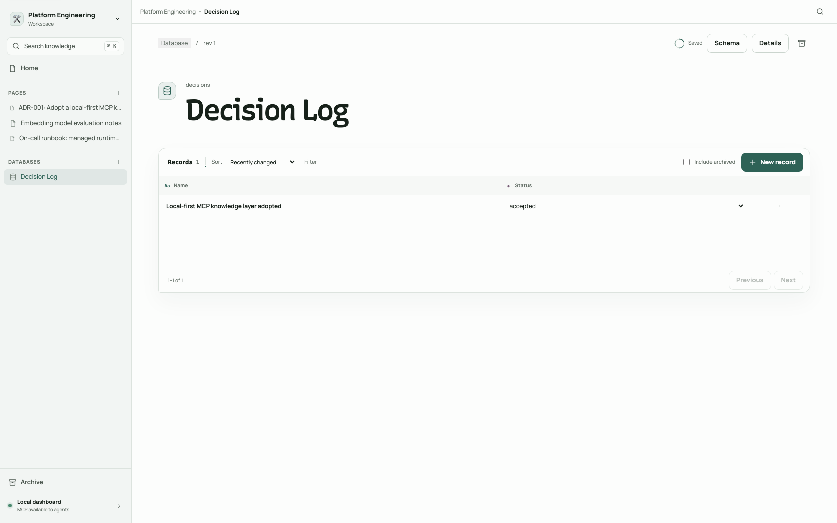 Decision Log typed database in the HorizonLayer dashboard