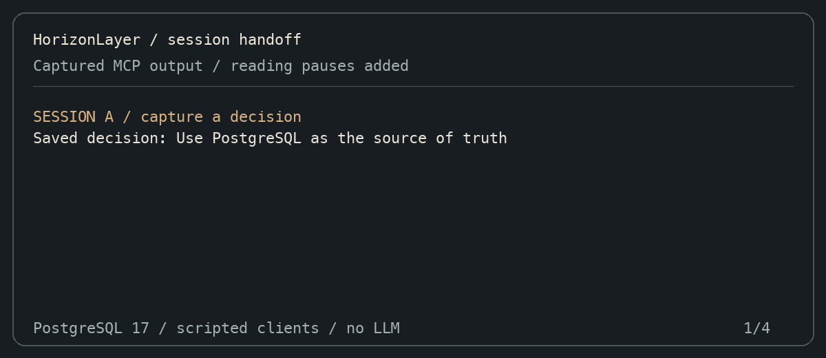 Recorded MCP session handoff: save a decision, restart, retrieve it, and claim work