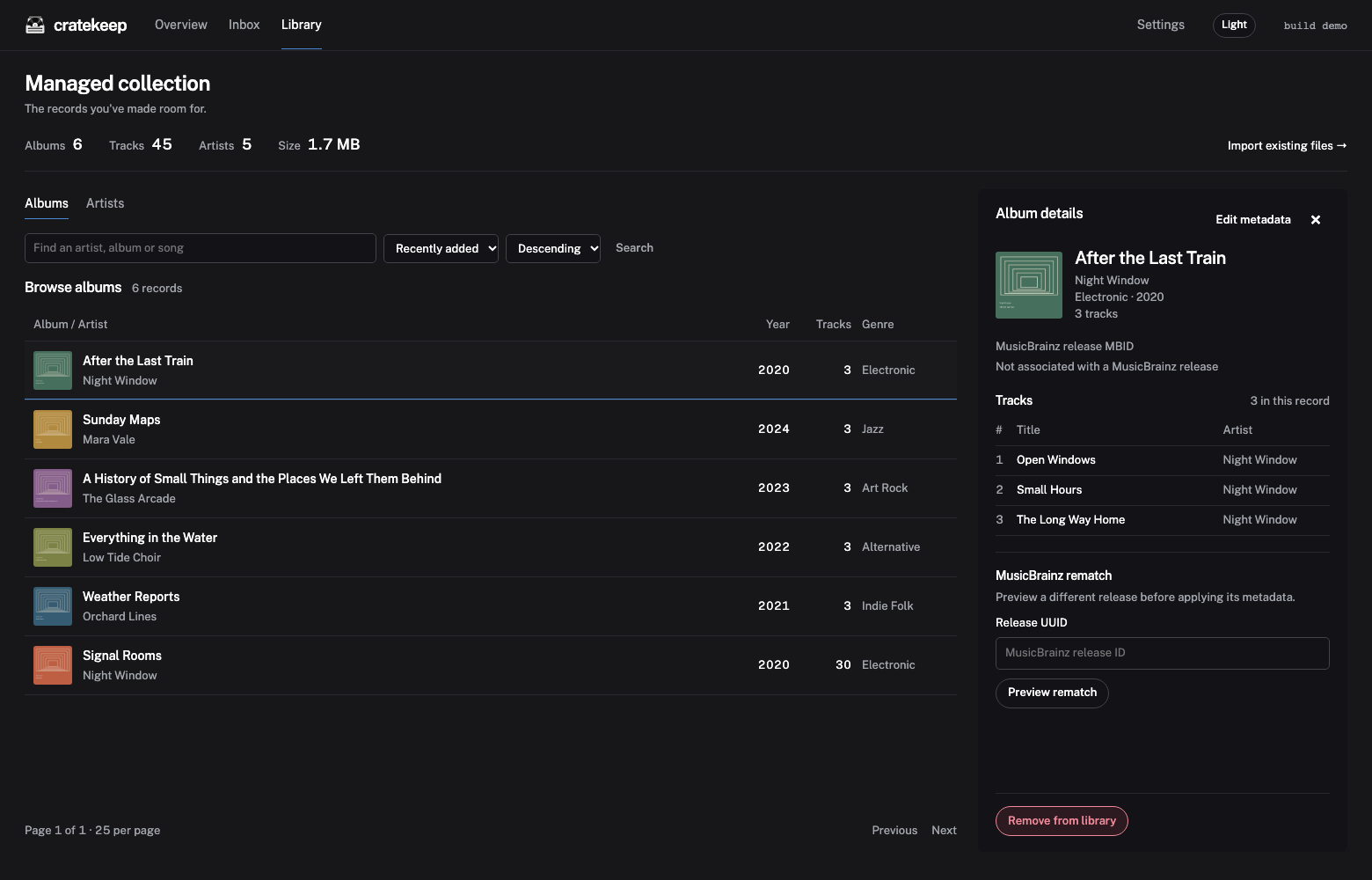 Browse albums and view their tracks in Cratekeep