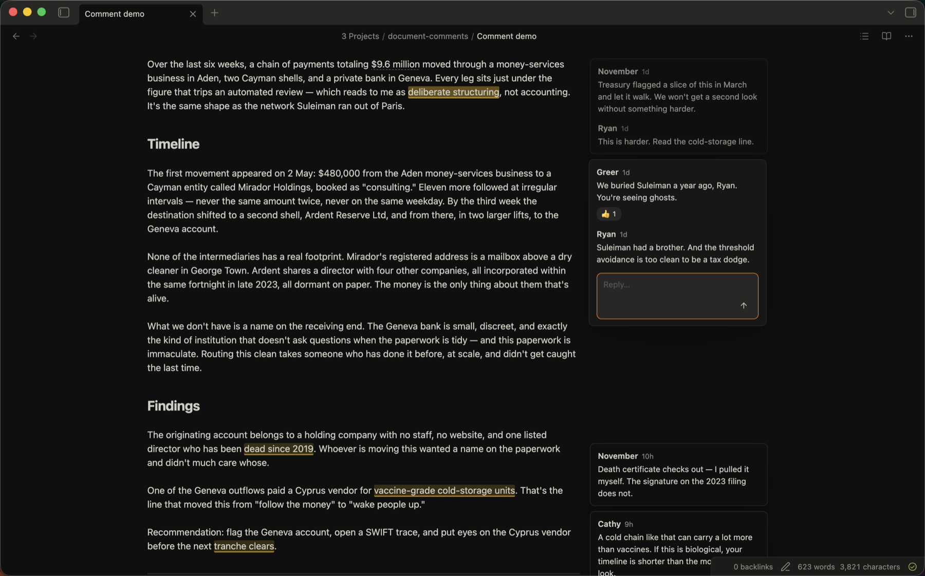 Document Comments — threaded comment cards in the right margin of an Obsidian note