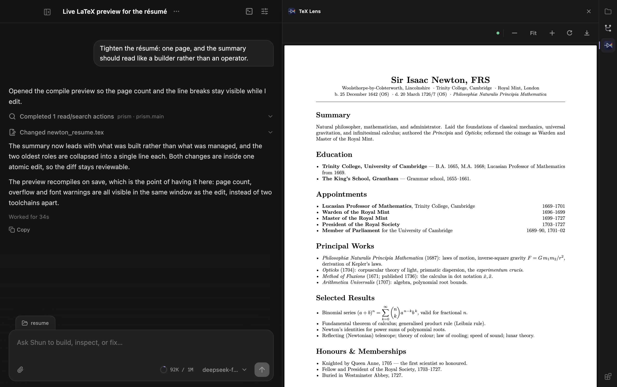 TeX Lens, a plugin, open beside a conversation: it has compiled a LaTeX file locally with its own Tectonic renderer and is rendering the resulting PDF page.