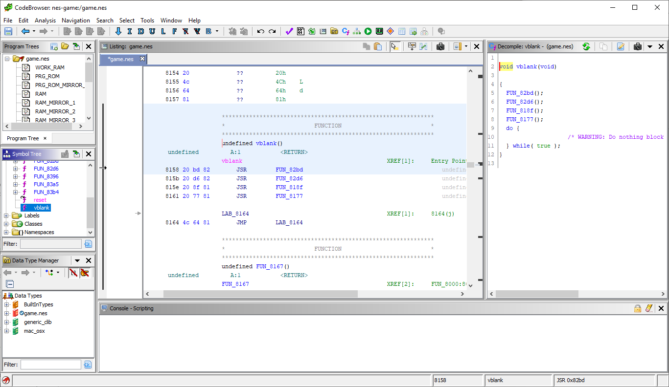 Ghidra disassembly showing a decompiled function from a file named "game.nes"