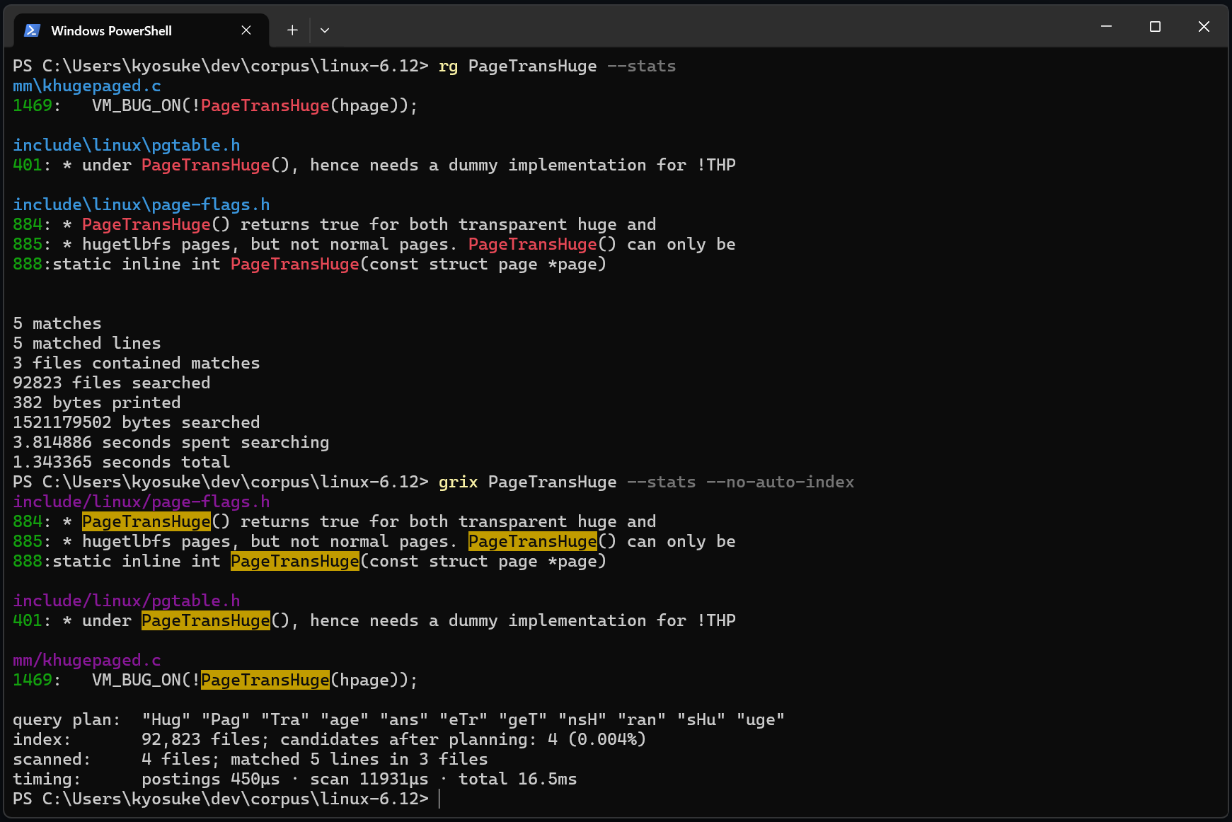 ripgrep 1.34s, grix 16.5ms on the linux kernel tree (92,823 files); identical matches