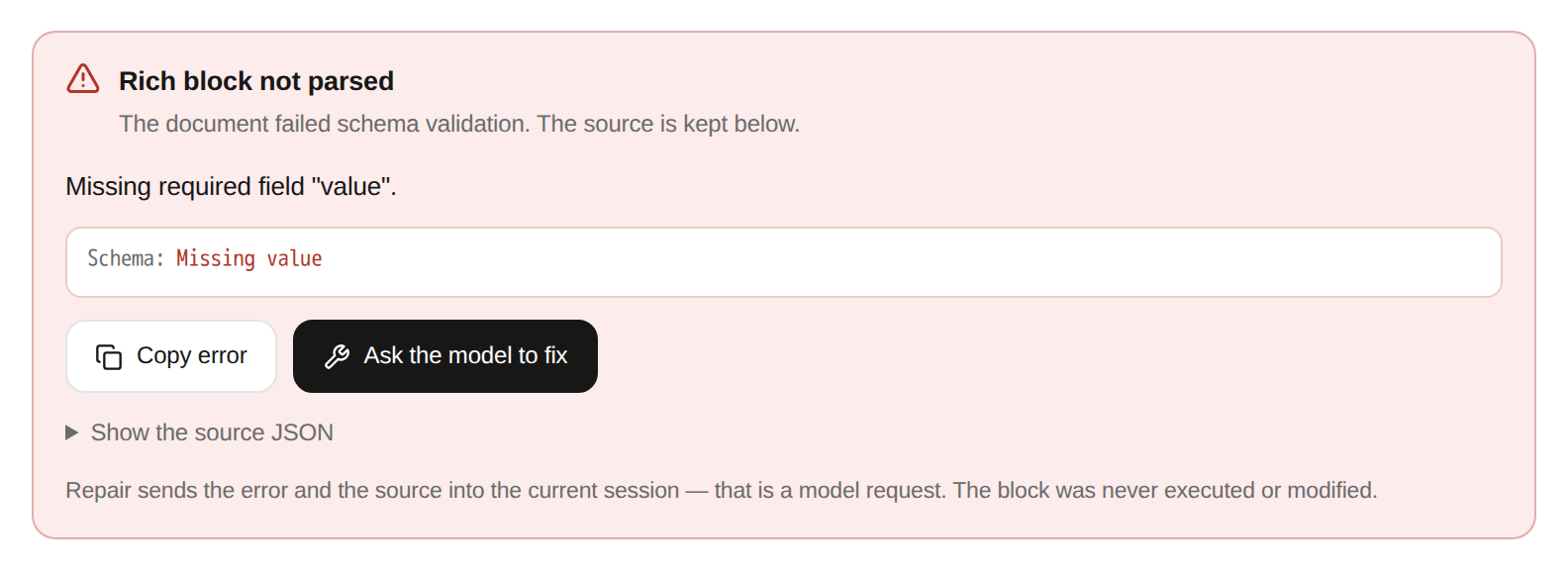 Diagnostic card: rich block not parsed, missing value, copy error and ask the model to fix