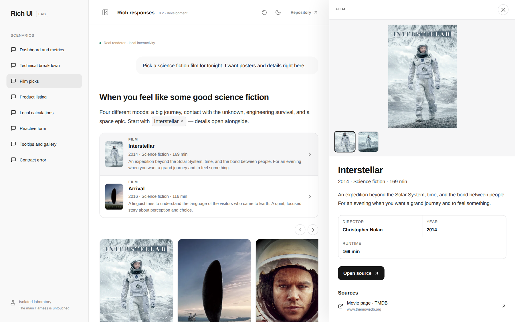 Film collection reflowed beside an open detail panel with poster, facts and sources