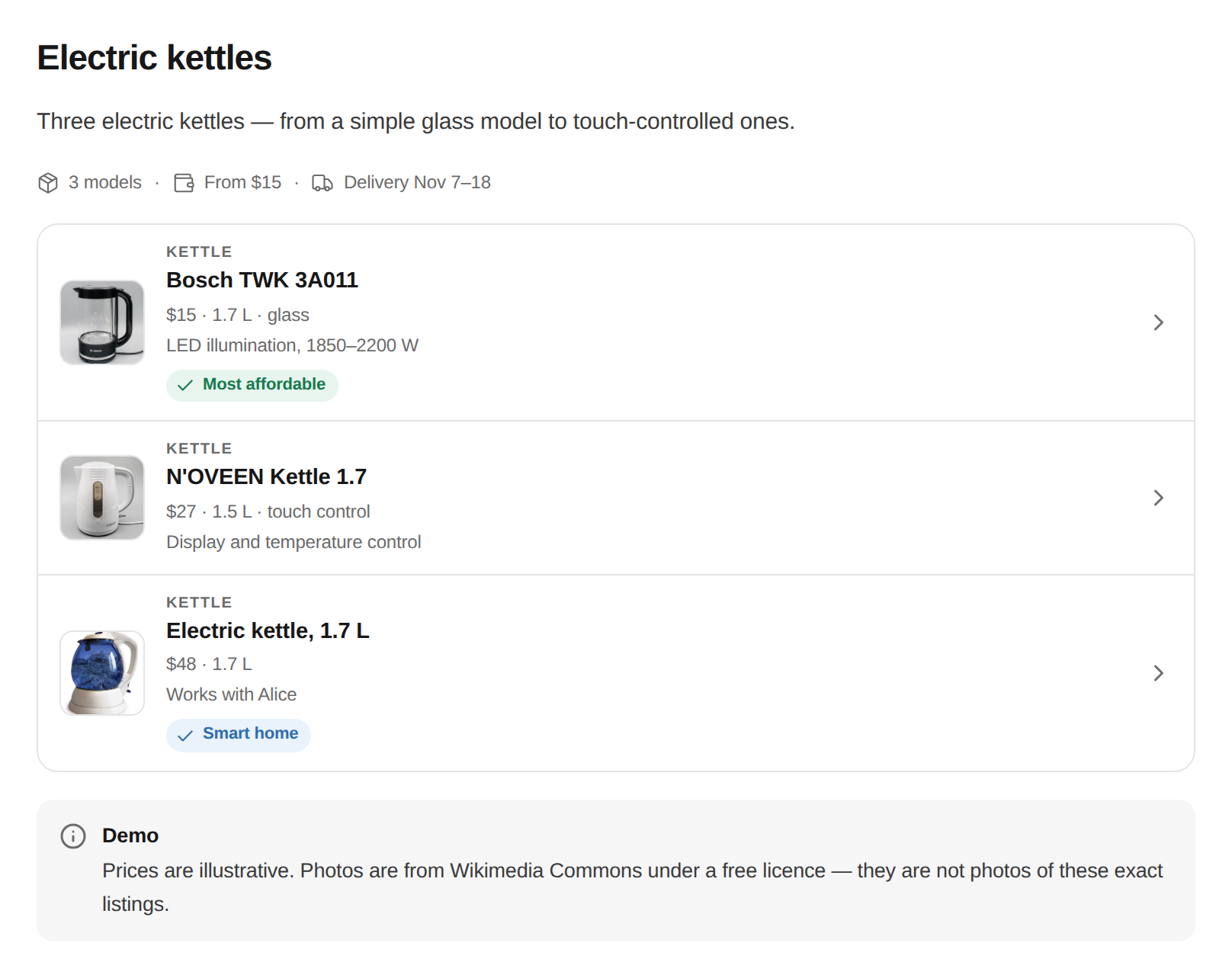 A product listing rendered by the plugin: summary strip, real photos, prices and a green highlight badge