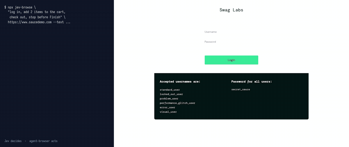 jev-browse logging in to the Sauce Labs demo shop, adding 2 items to the cart, and filling in the checkout form, with th