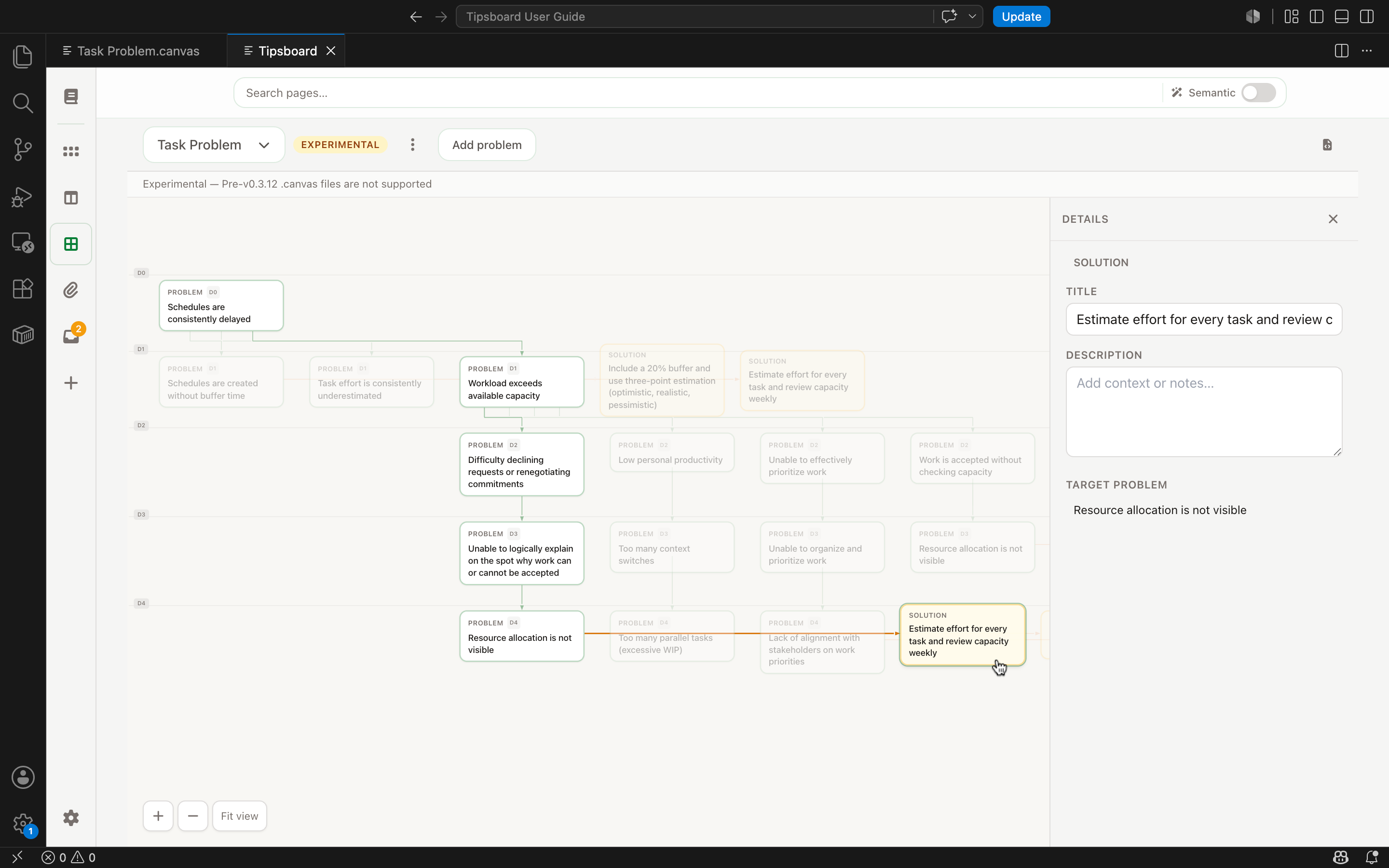 Canvas problem-structure editor with graph and detail pane in Tipsboard.