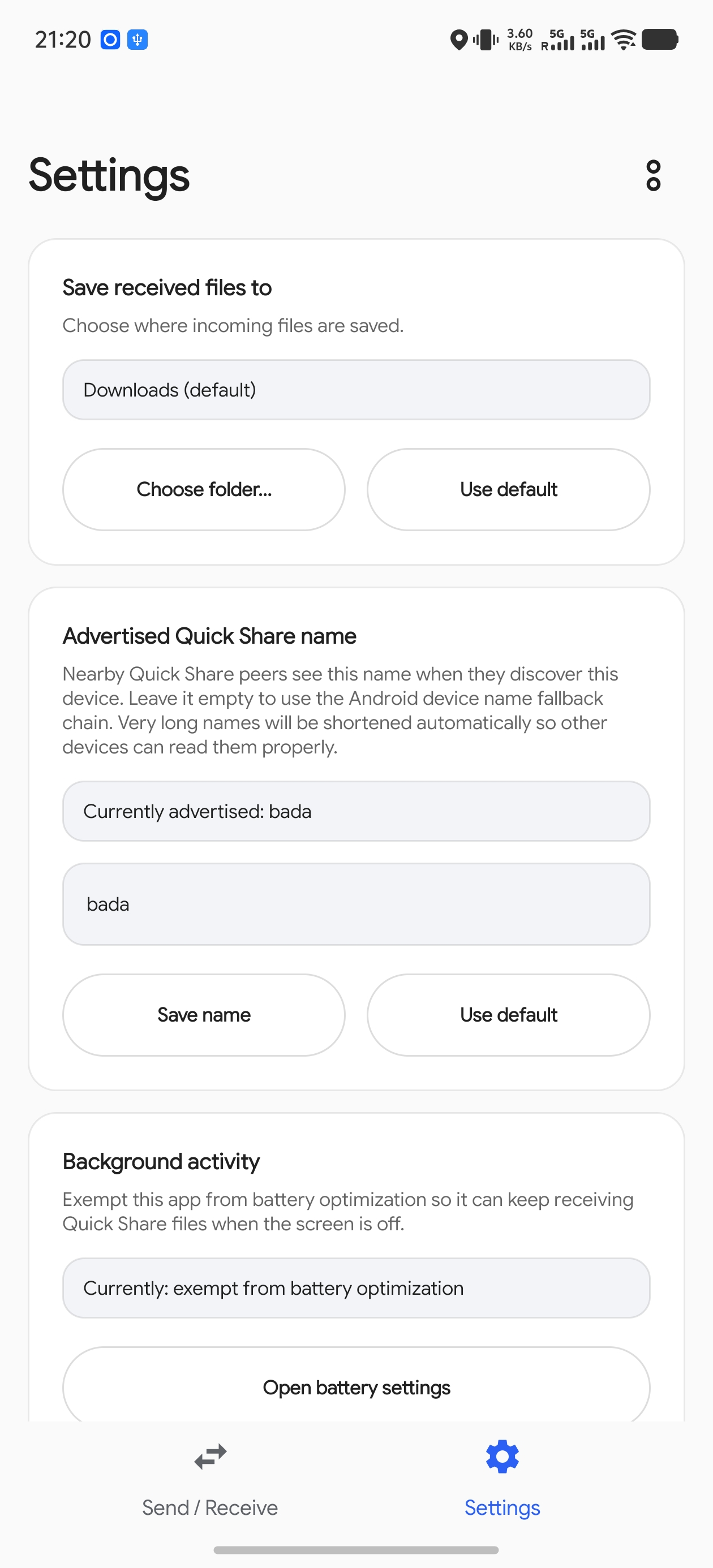 Bada settings UI screenshot
