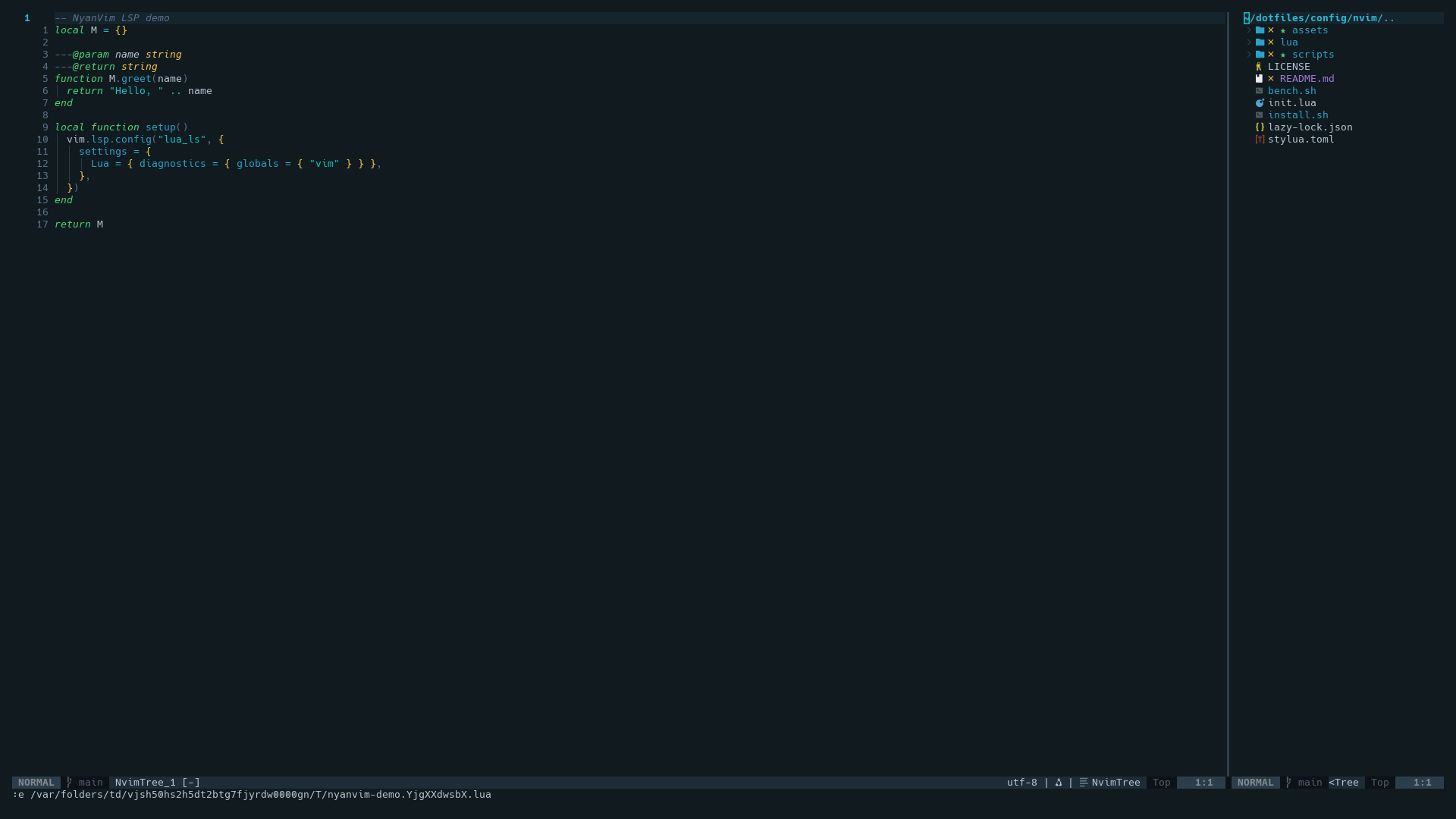 NyanVim editing a Lua file with the file tree open on the right