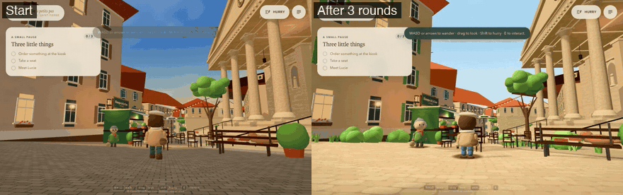 Same walk through the square: starting code on the left, after three rounds on the right