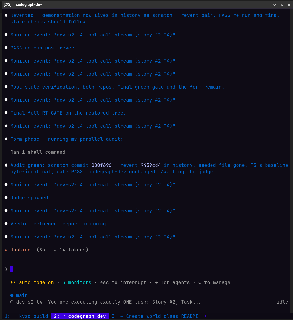 Orchestrator monitoring a development-task tool-call stream while the task executes.