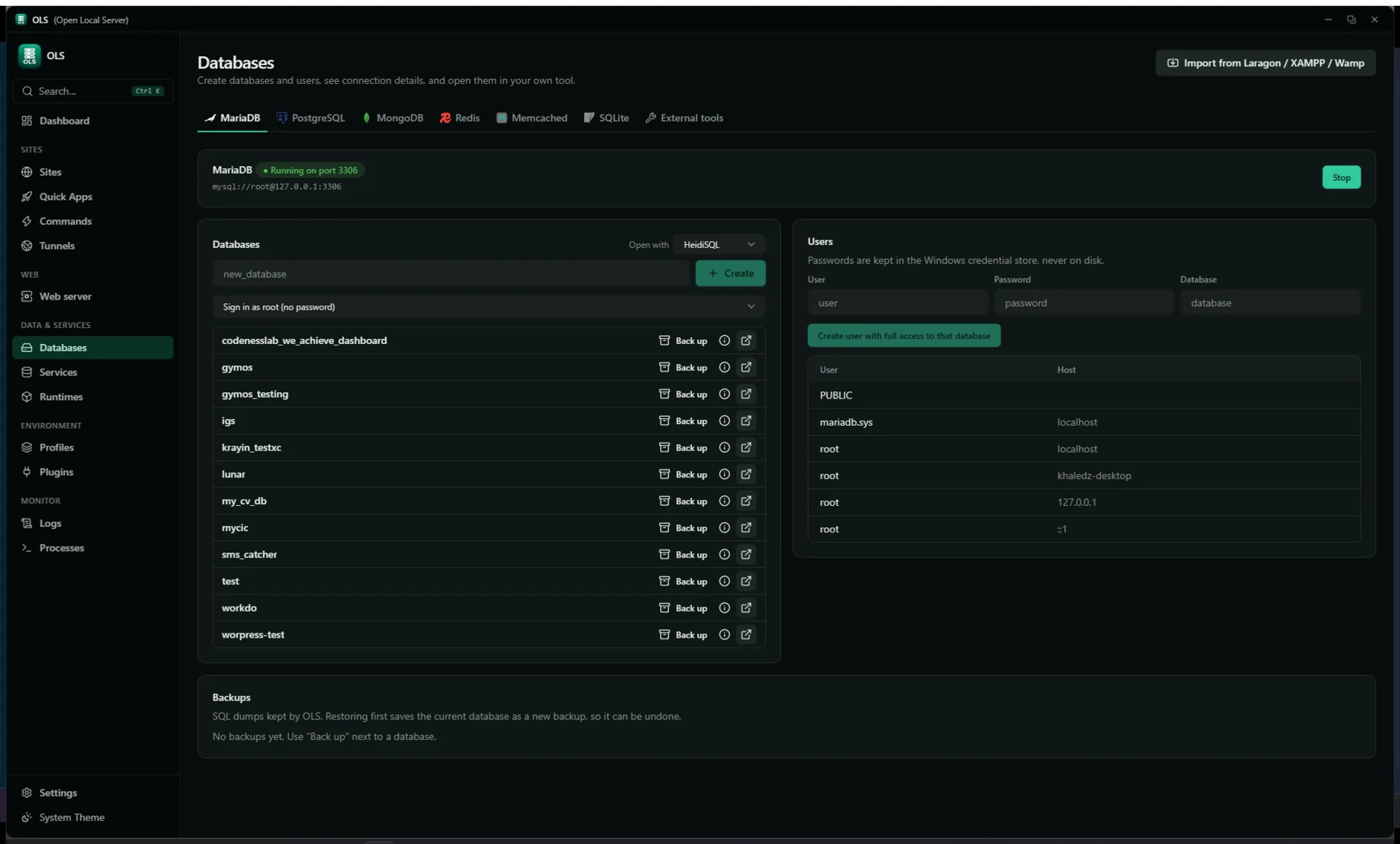 Databases — engines, users, backups