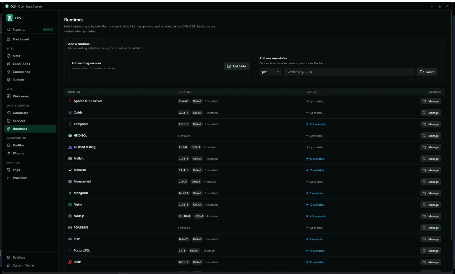 Runtimes — side-by-side versions and defaults