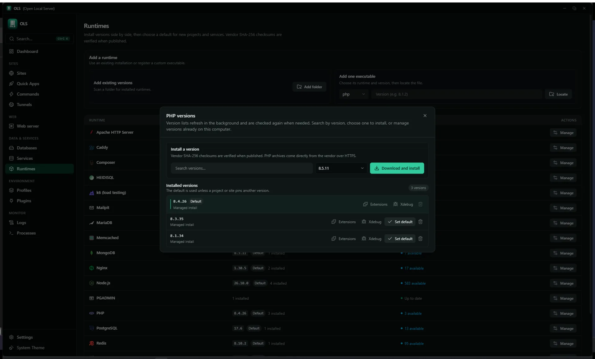 Version manager — install and manage versions per runtime