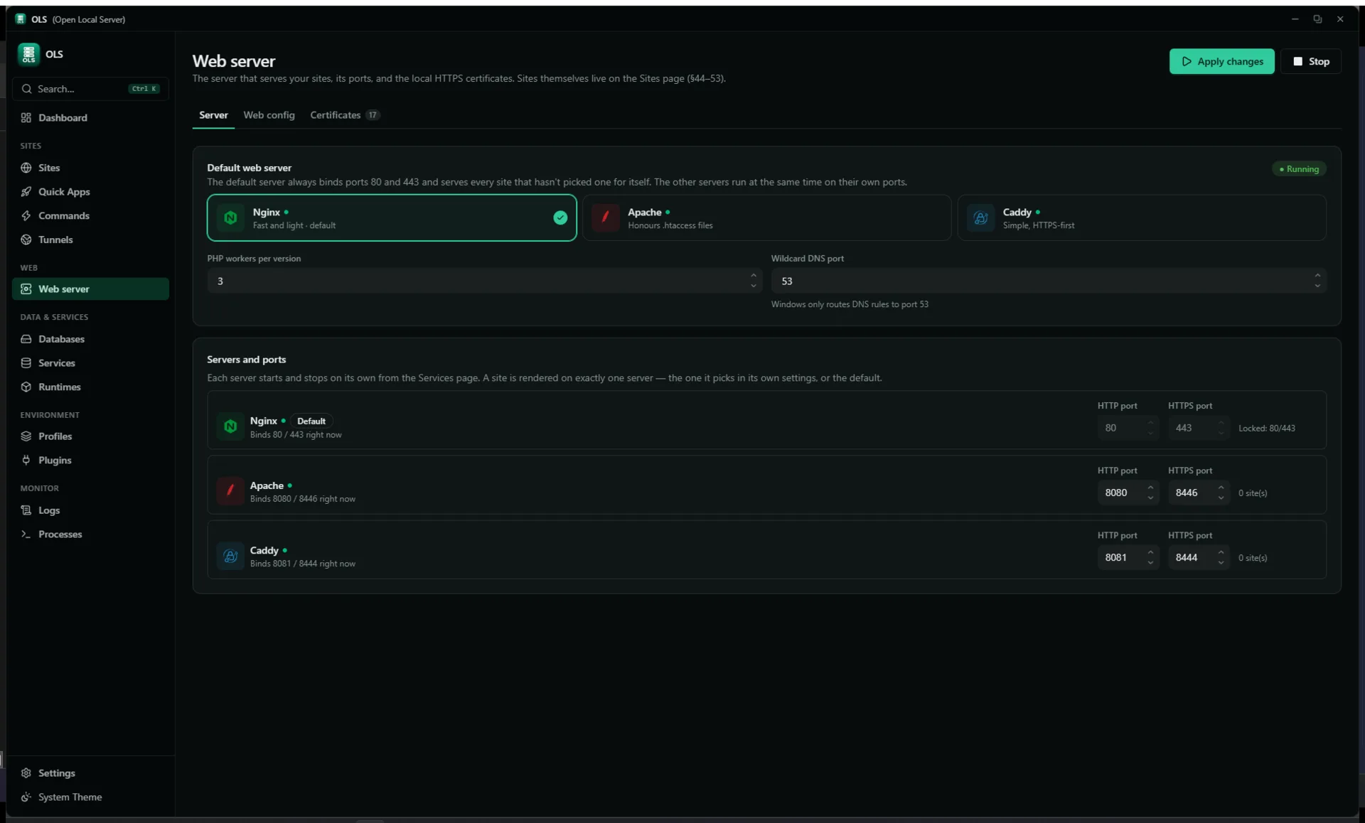 Web server — engine config and control