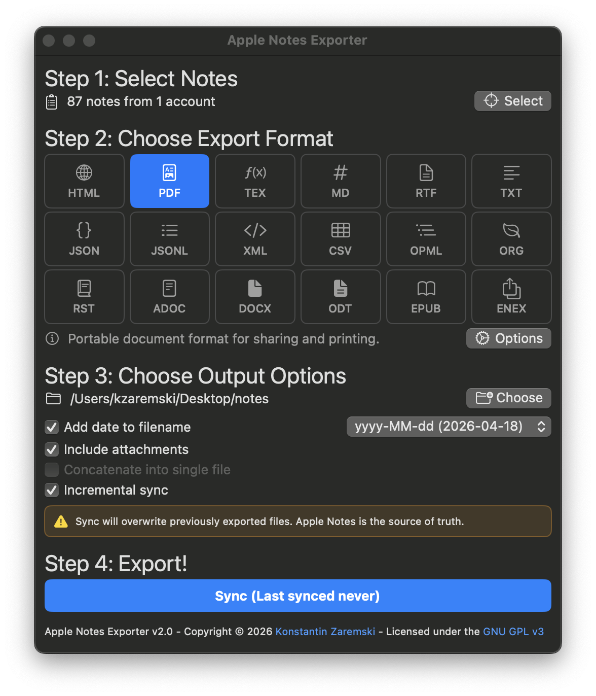 Screenshot of version 2.0 of the Apple Notes Exporter