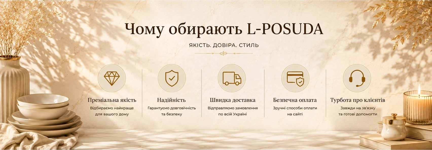 Переваги L-POSUDA — швидка доставка, надійне пакування, безпечна оплата