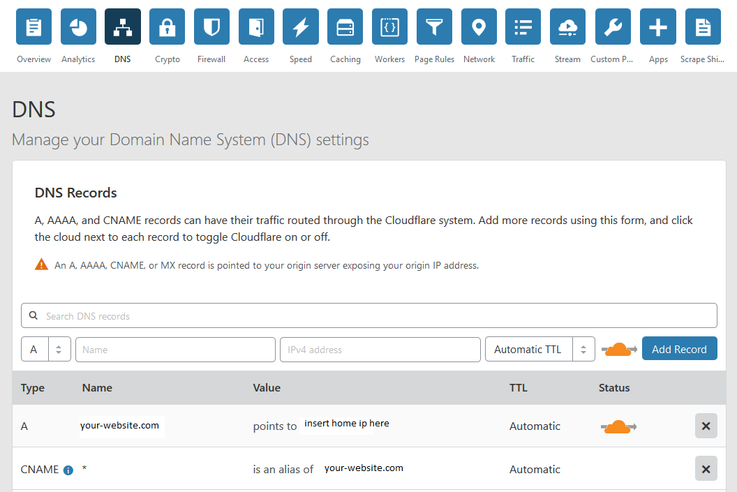 Setup Cloudflare to redirect to the external IP of your server