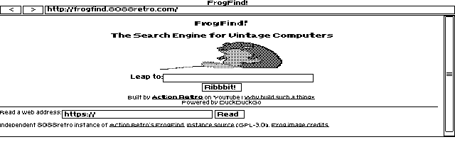FrogFind mirror homepage and frog GIF in ELKSWeb 0.1