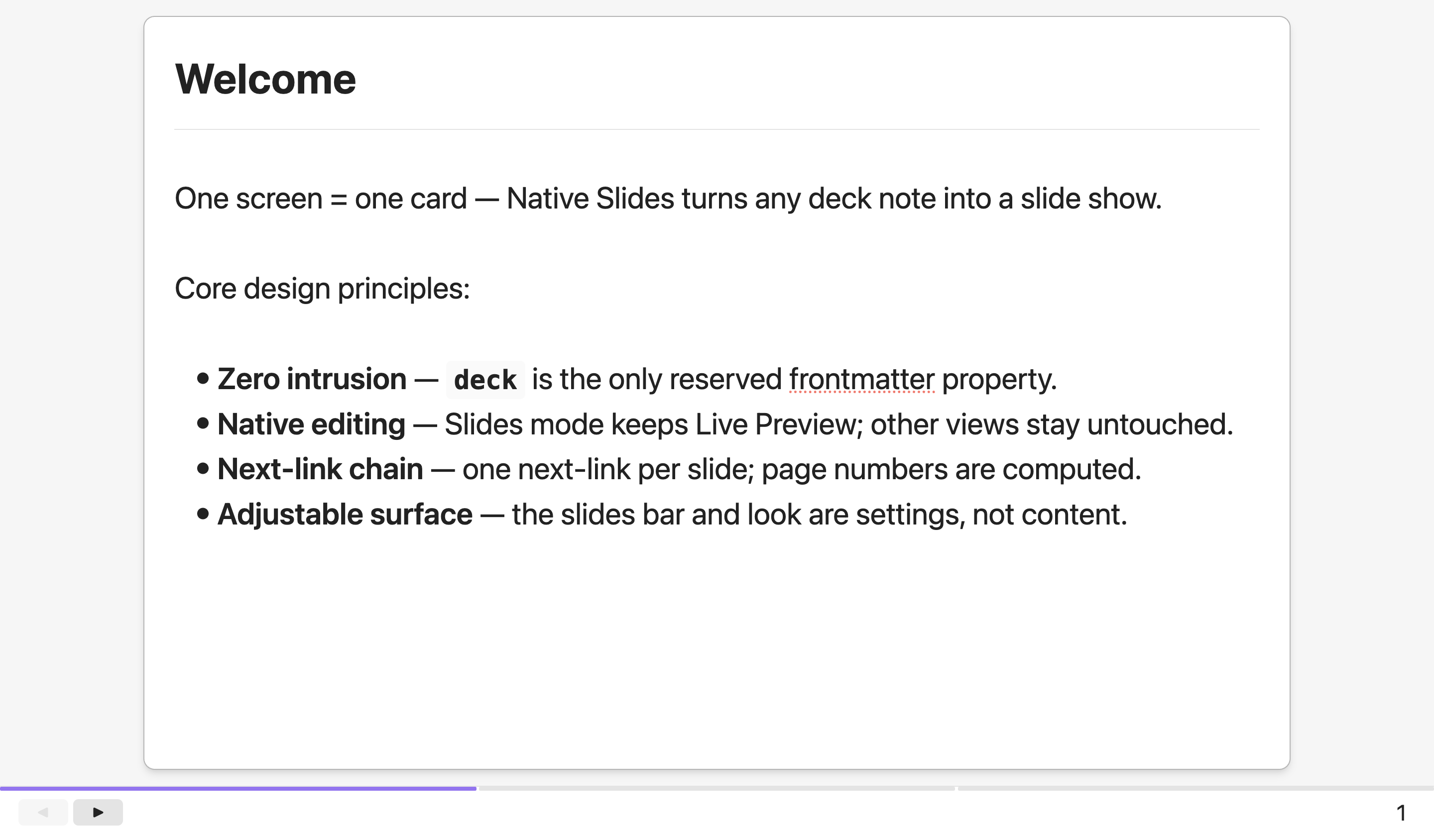 Welcome slide in Slides mode