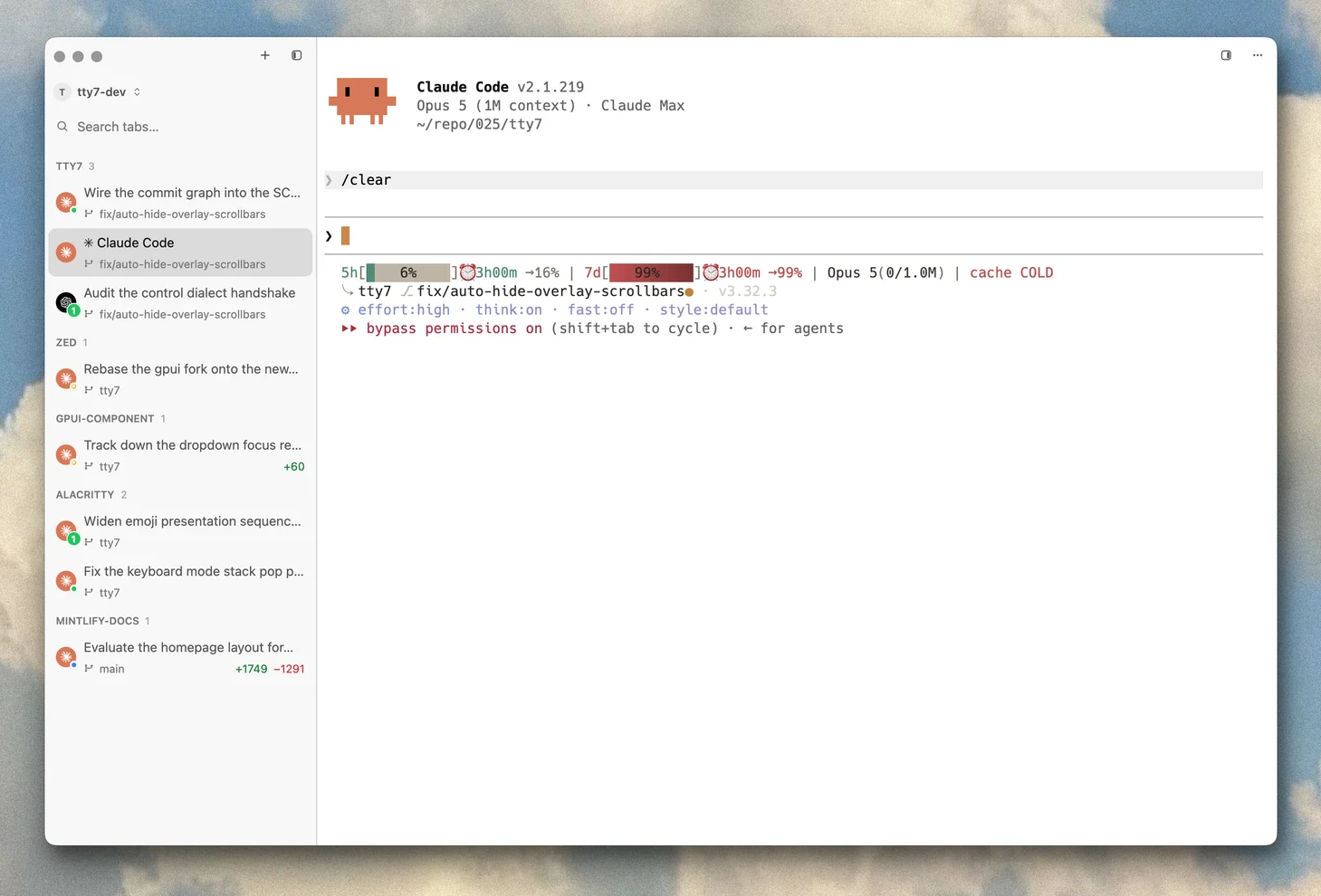 tty7 with a tab sidebar of agent sessions across several repos, running Claude Code