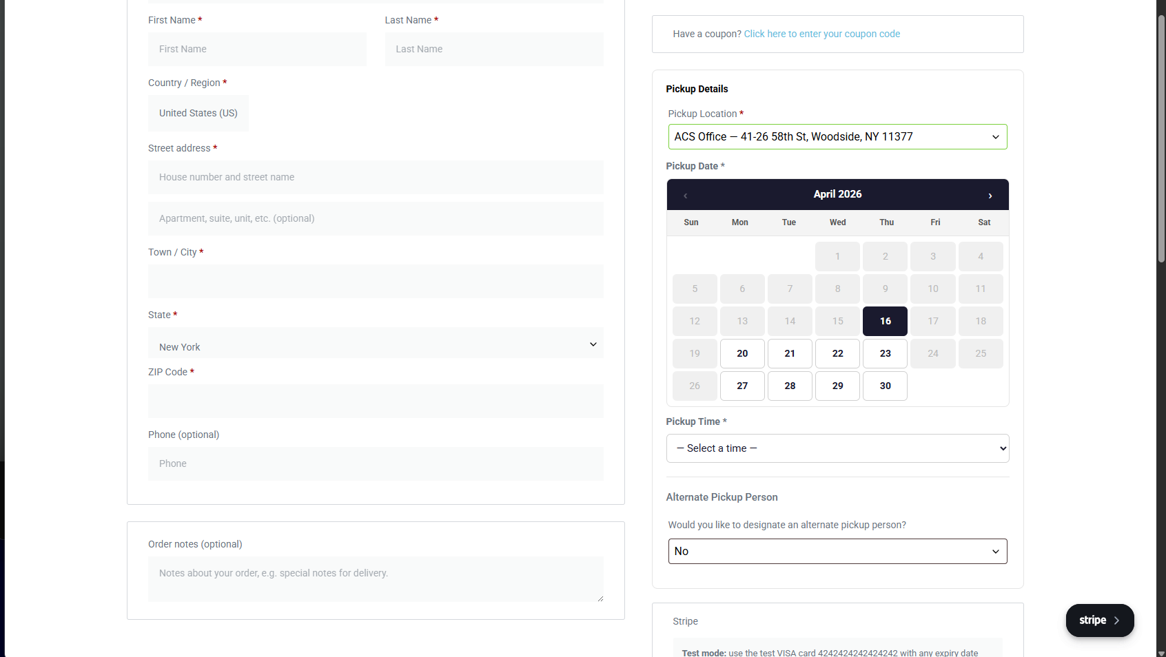 Checkout — full Pickup Details panel with location selector, calendar, time picker, and alternate pickup toggle