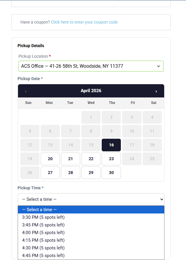 Checkout — calendar with available dates highlighted and time slot dropdown showing remaining spots